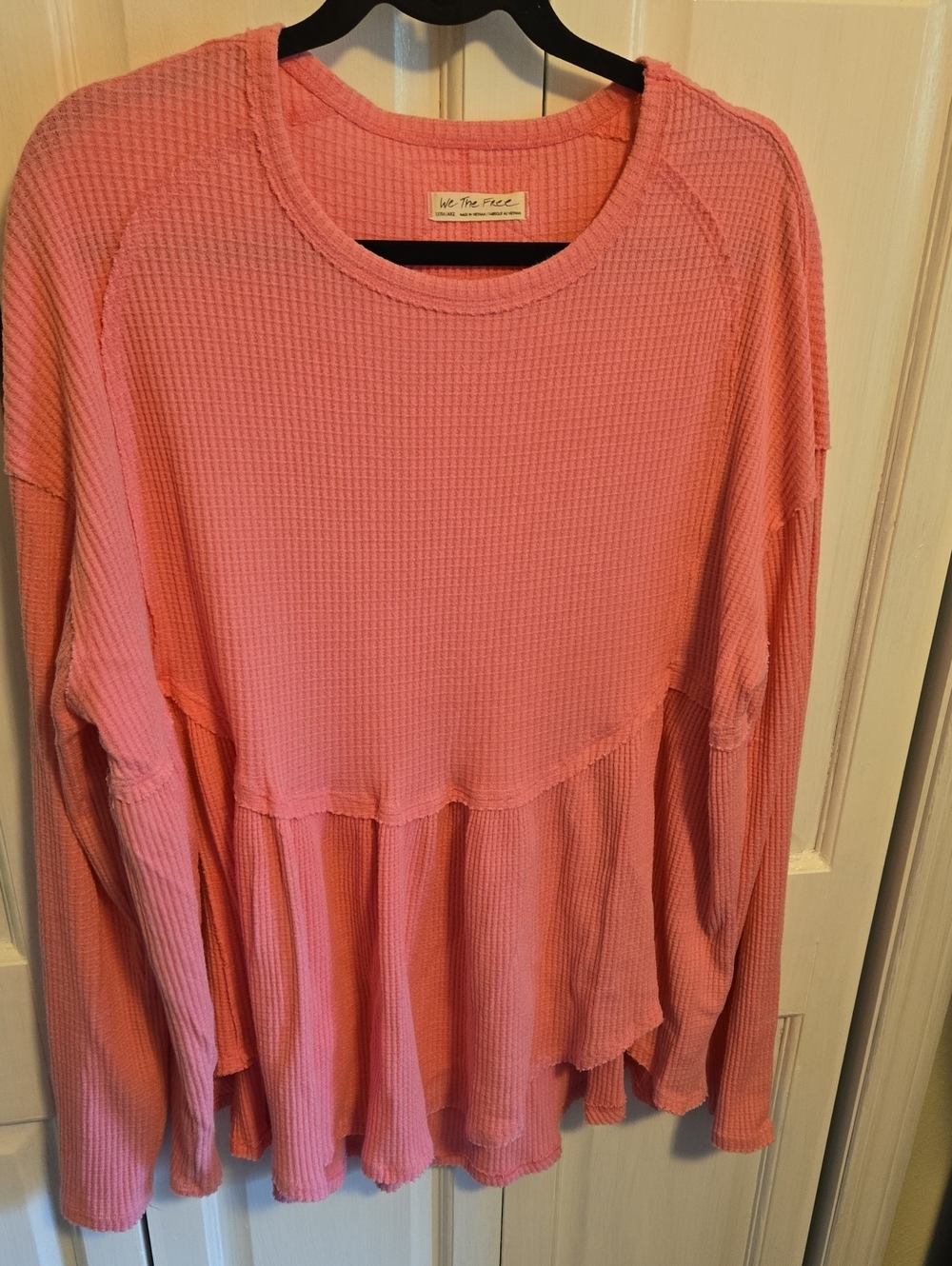 We The Free Pink Waffle-Knit Babydoll Long-Sleeve Top